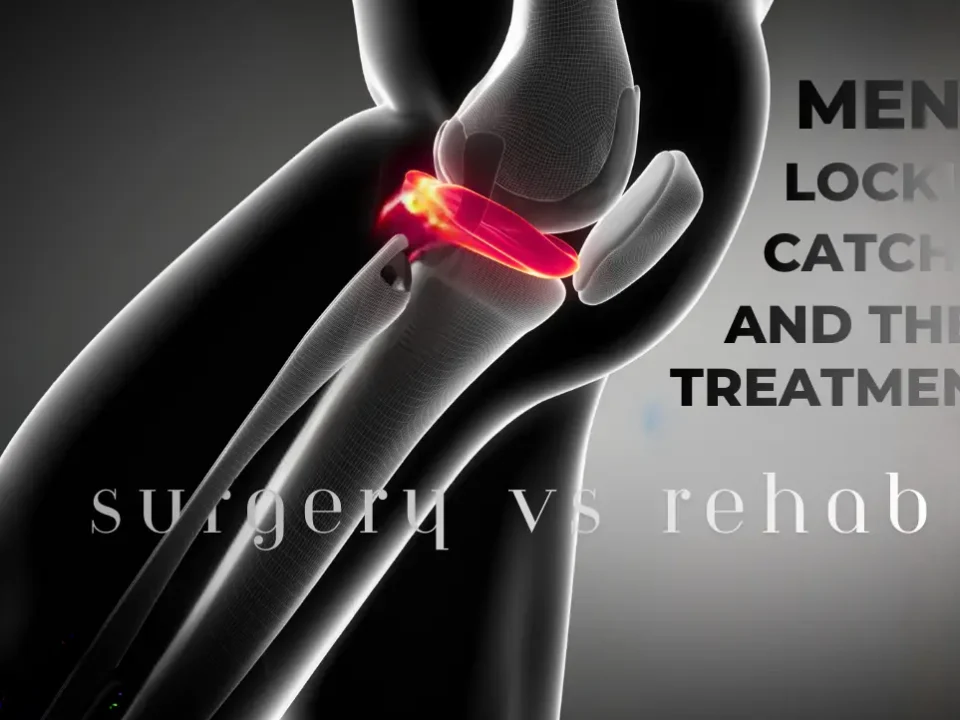 Meniscus Tear: Locking vs Catching & Best Treatment (Surgery vs Rehab) Text on the image and there is a gray style leg bone anatomy which emphasize on Meniscus by highlighting it in red color