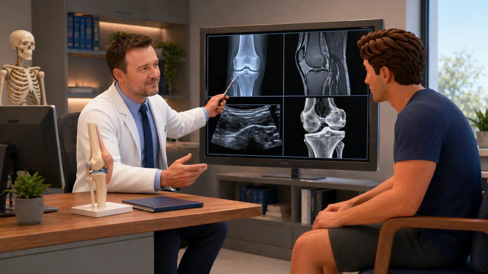 Orthopedic doctor reviewing knee X-ray, MRI, CT, and ultrasound images with a patient.