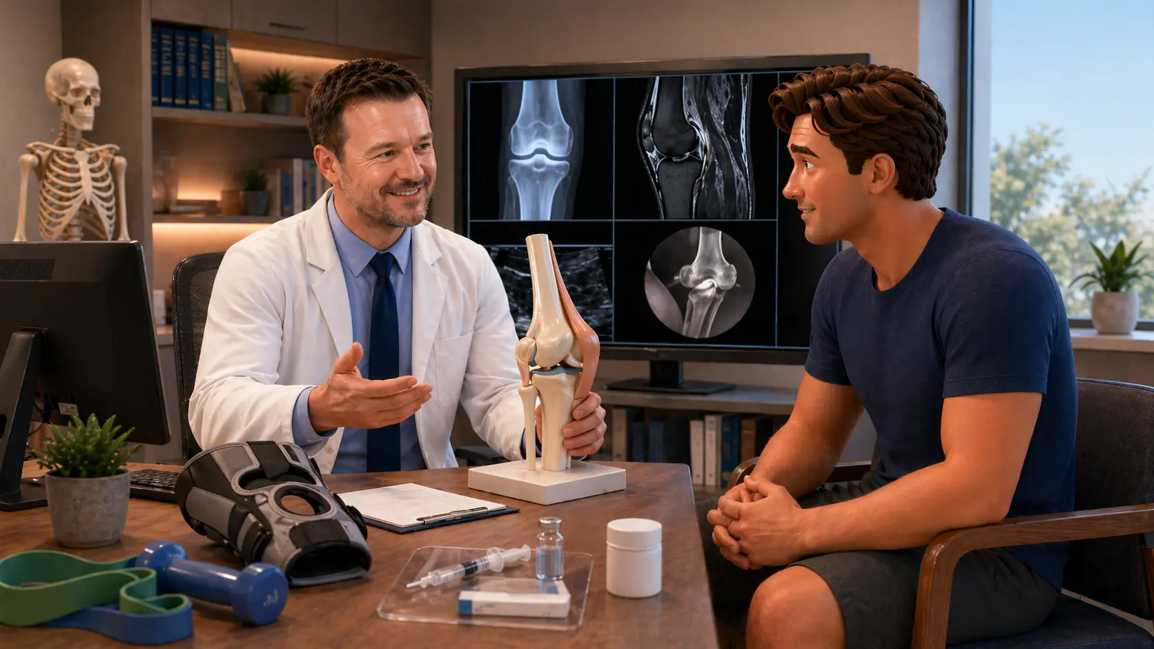 Orthopedic doctor explaining knee condition and treatment options to a patient using a knee model.