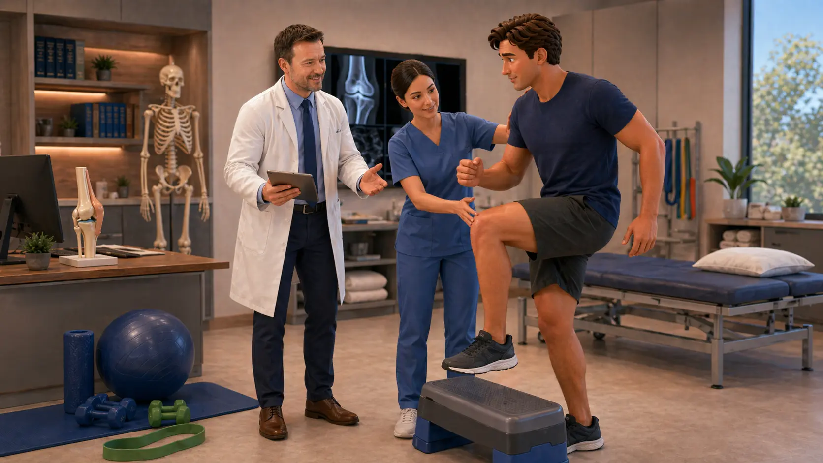 Patient doing a rehabilitation exercise with therapist while orthopedic doctor supervises progress.