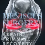 3D knee anatomy with red highlighted meniscus explaining meniscus surgery, repair, trimming, and recovery.