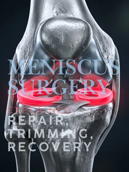 3D knee anatomy with red highlighted meniscus explaining meniscus surgery, repair, trimming, and recovery.