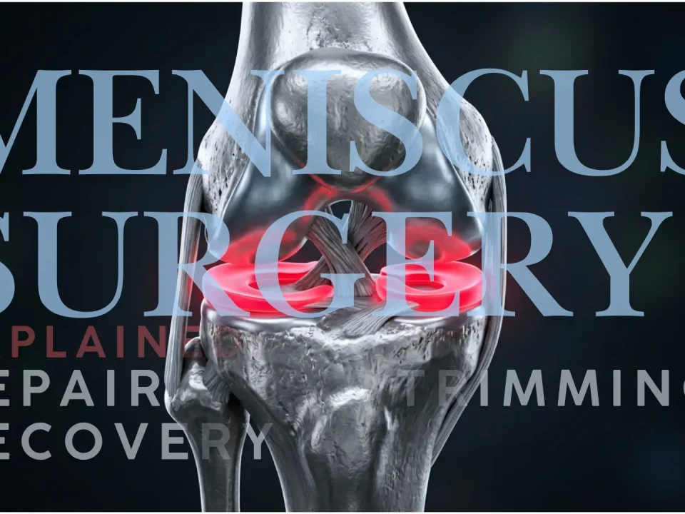 Meniscus surgery explained with metallic knee anatomy and red highlighted meniscus cartilage.