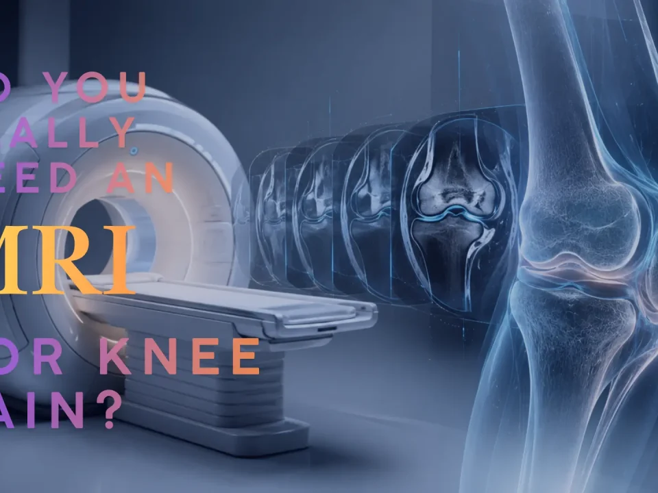 Futuristic knee MRI concept showing an MRI machine, knee scan images, and knee anatomy for explaining MRI for knee pain by Dr. Tomislav in Dubai.