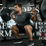 Man performing a controlled barbell back squat inside a power rack in a gym; graphic promotes a doctor’s guide to safer squat form.
