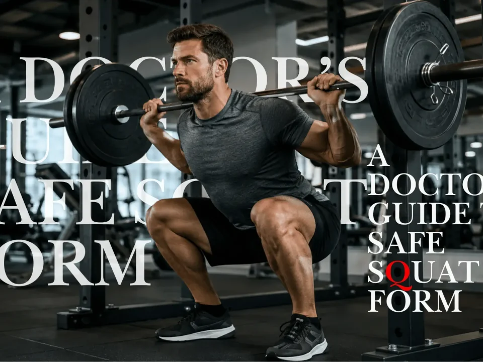 Man performing a controlled barbell back squat inside a power rack in a gym; graphic promotes a doctor’s guide to safer squat form.