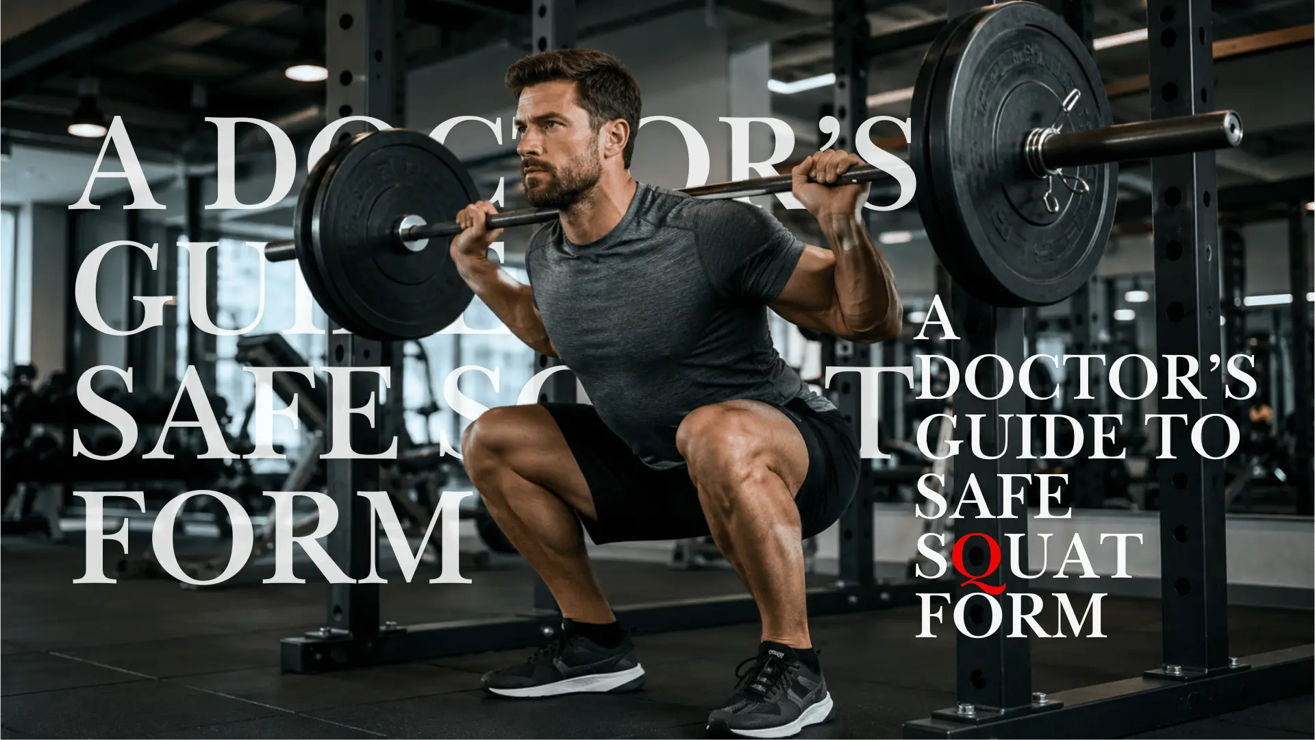Man performing a controlled barbell back squat inside a power rack in a gym; graphic promotes a doctor’s guide to safer squat form.
