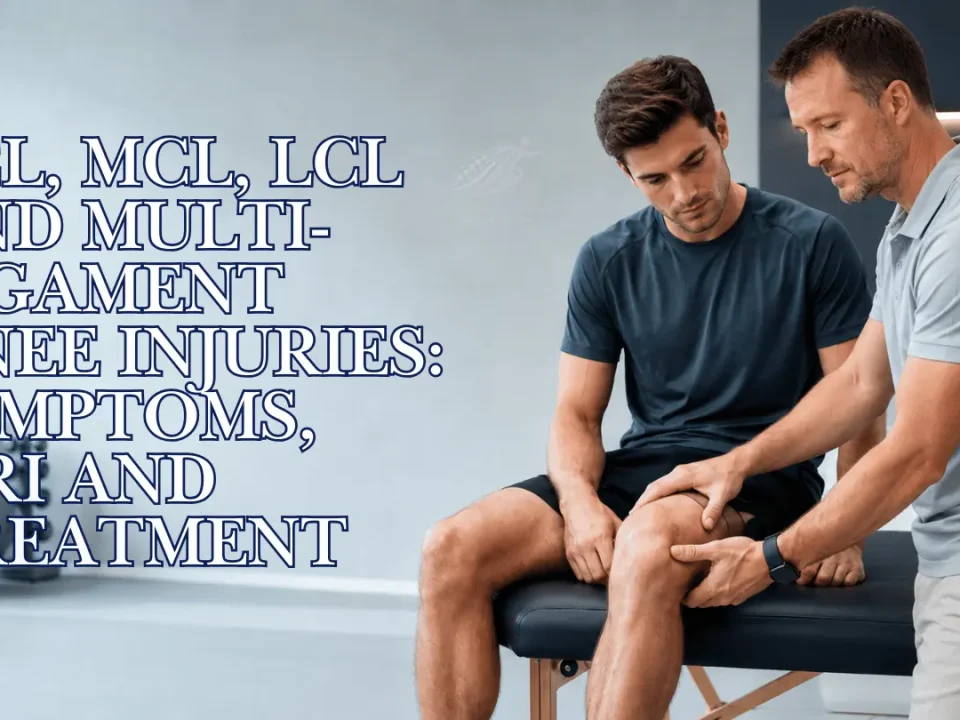 Dr Tomislav assessing a patient’s knee for a possible ligament injury in an orthopedic clinic in Dubai