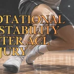 Basketball player pivoting with highlighted knee anatomy, illustrating rotational instability after an ACL injury.