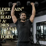 Rear view of a male athlete performing a barbell overhead press in a gym, illustrating shoulder pain during overhead pressing.