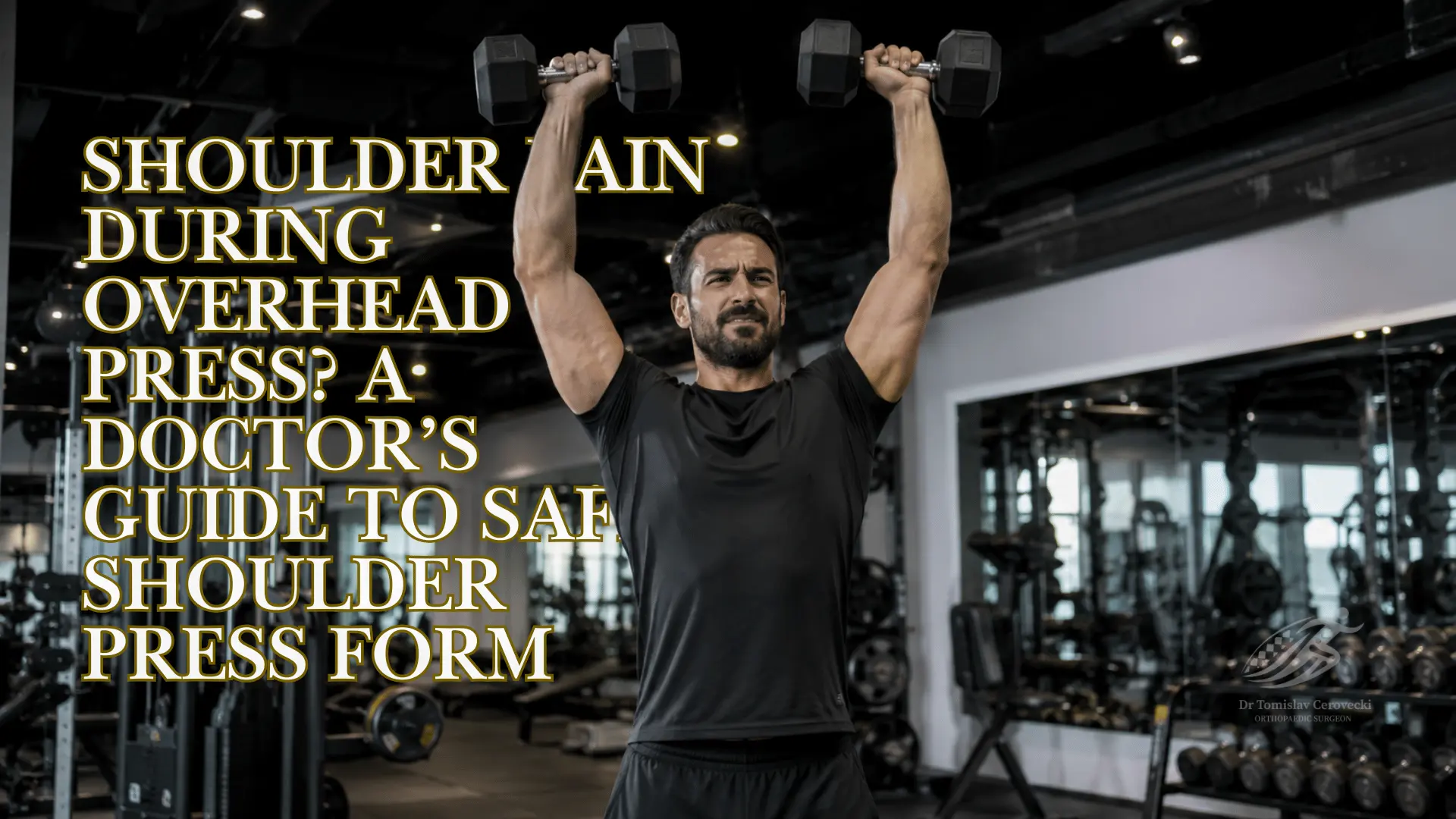 Athlete experiencing shoulder pain during a controlled dumbbell overhead press in a gym.