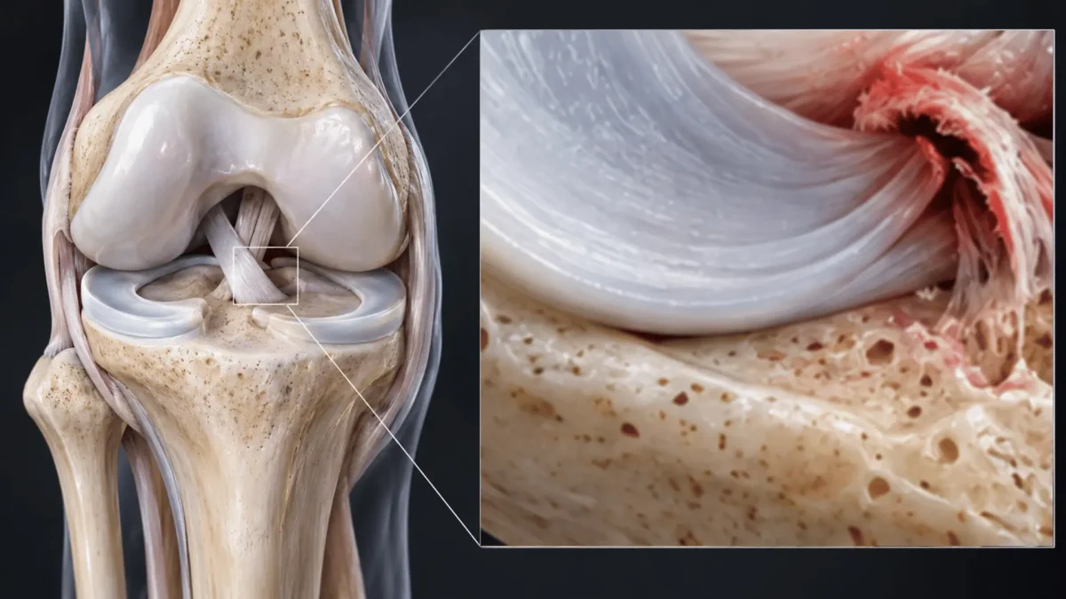 3D anatomical visualization of a medial meniscus posterior root tear near its tibial attachment.