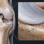 3D anatomical visualization of a medial meniscus posterior root tear near its tibial attachment.