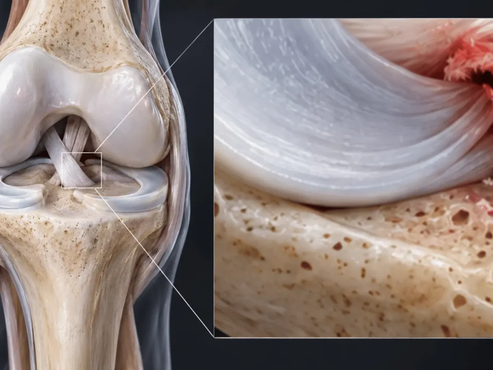 3D anatomical visualization of a medial meniscus posterior root tear near its tibial attachment.