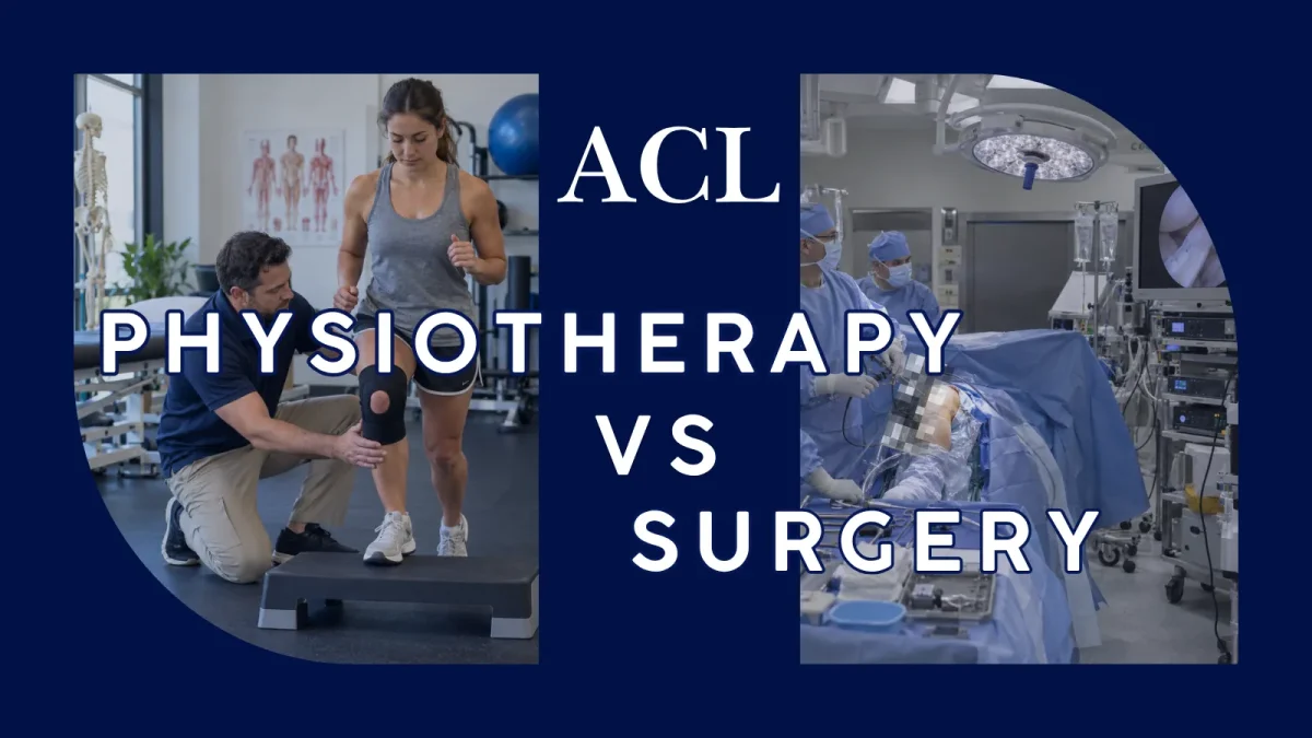 Physiotherapist supervising a woman's knee rehabilitation beside an orthopaedic surgical team, illustrating treatment options after an ACL tear.