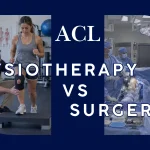 Physiotherapist supervising a woman's knee rehabilitation beside an orthopaedic surgical team, illustrating treatment options after an ACL tear.