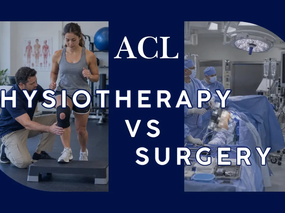 Physiotherapist supervising a woman's knee rehabilitation beside an orthopaedic surgical team, illustrating treatment options after an ACL tear.